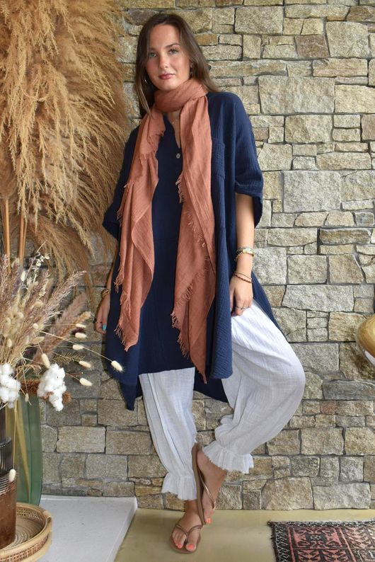Tasha Cushion Cotton Oversized Shirt Tunic Navy